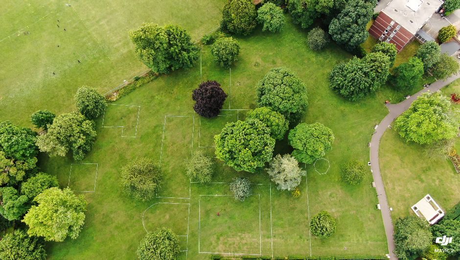 An aerial view of Brockwell Park showing a lush, green open space with a variety of deciduous trees, some with white blossoms, and well-maintained grassy areas. The park is bordered by residential hou